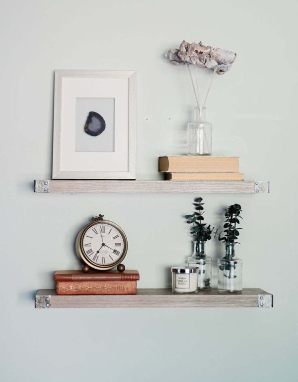 The Karina - Rustic Gray Floating Shelves with Antiqued Iron Corners, All Wood Wall Shelves - Set of 2- 24 x 6 x 1.5 in Sale