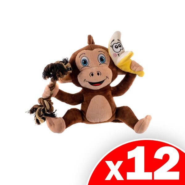 Pronk! Pets Hungry Monkey & Banana 10 x 3 Inch Durable Soft Plush Squeaky Rope Dog Toy, 12 Pack Cheap