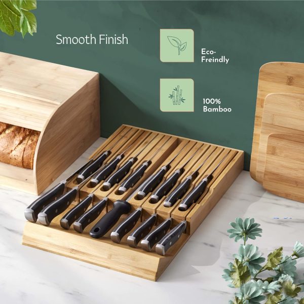 RUBOXA High-Grade 100% Bamboo Knife Drawer Organizer with 16 Knife Slots, 2 Pack Cheap - Image 3